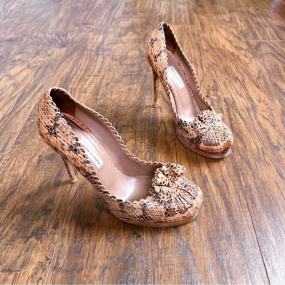Tabitha Simmons • snakeskin pumps platform coral whipstitch ruffle stiletto